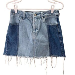 PacSun Denim Mini Skirt Patchwork size 25 Fringe Frayed Jean Boho Hippie